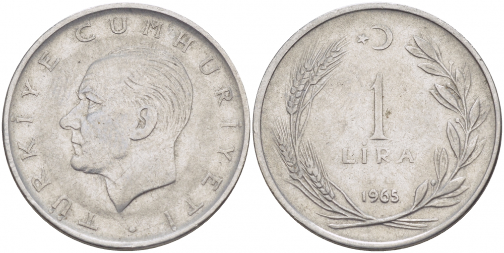 Турция 1 лира 1965 Мустафа Кемаль Ататюрк KM 889а.1 нержавеющая сталь 4529-1244