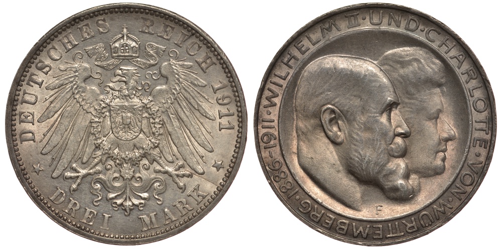 Вюртемберг 3 марки 1911 F, серебрянная свадьба Вильгельма II и Шарлотты Weege 173a, J. 177a, KM 636 серебро UNC 413-4211