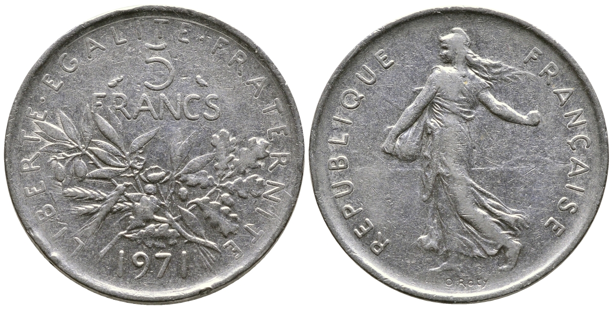 Франция 5 франков 1971 сеятель KM 926a.1, Le Franc 341.3 медно-никель плакированный никелем 36-132