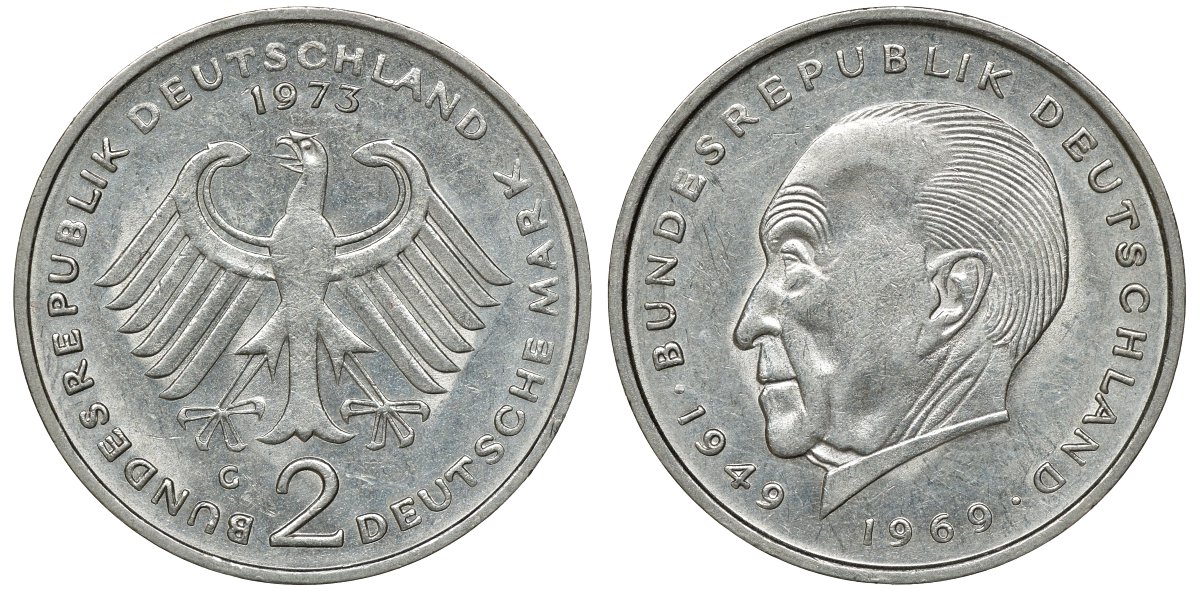 ФРГ 2 МАРКИ 1973 G, КОНРАД АДЕНАУЭР KM 124, J. 406 медно-никель плакированный никелем плакированный никелем UNC 72-451