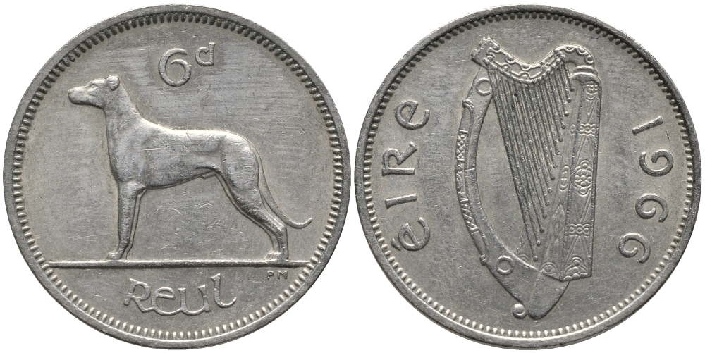 ИРЛАНДИЯ 6 ПЕНСОВ 1966 ИРЛАНДСКИЙ ВОЛКОДАВ KM 13а медно-никель 4387-1118