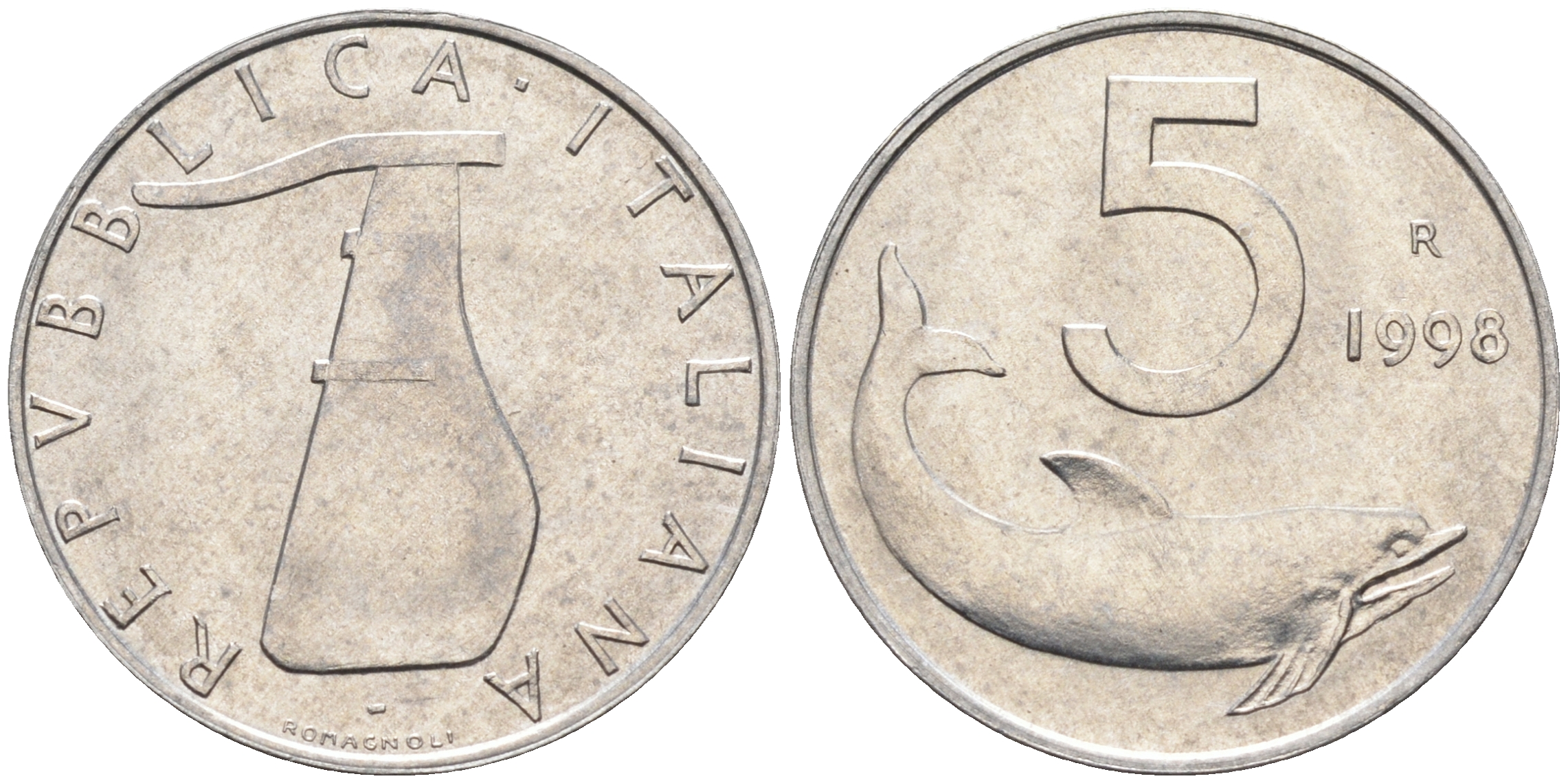 Италия 5 лир 1998 R, дельфин KM 92 алюминий  UNC  4594-752