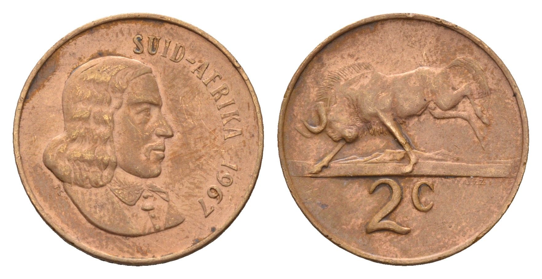 ЮАР 2 цента 1967 Ян ван Рибек (1619-1677), Suid Africa, легенда на африкаанс, антилопа KM 66.2 бронза 4114-627