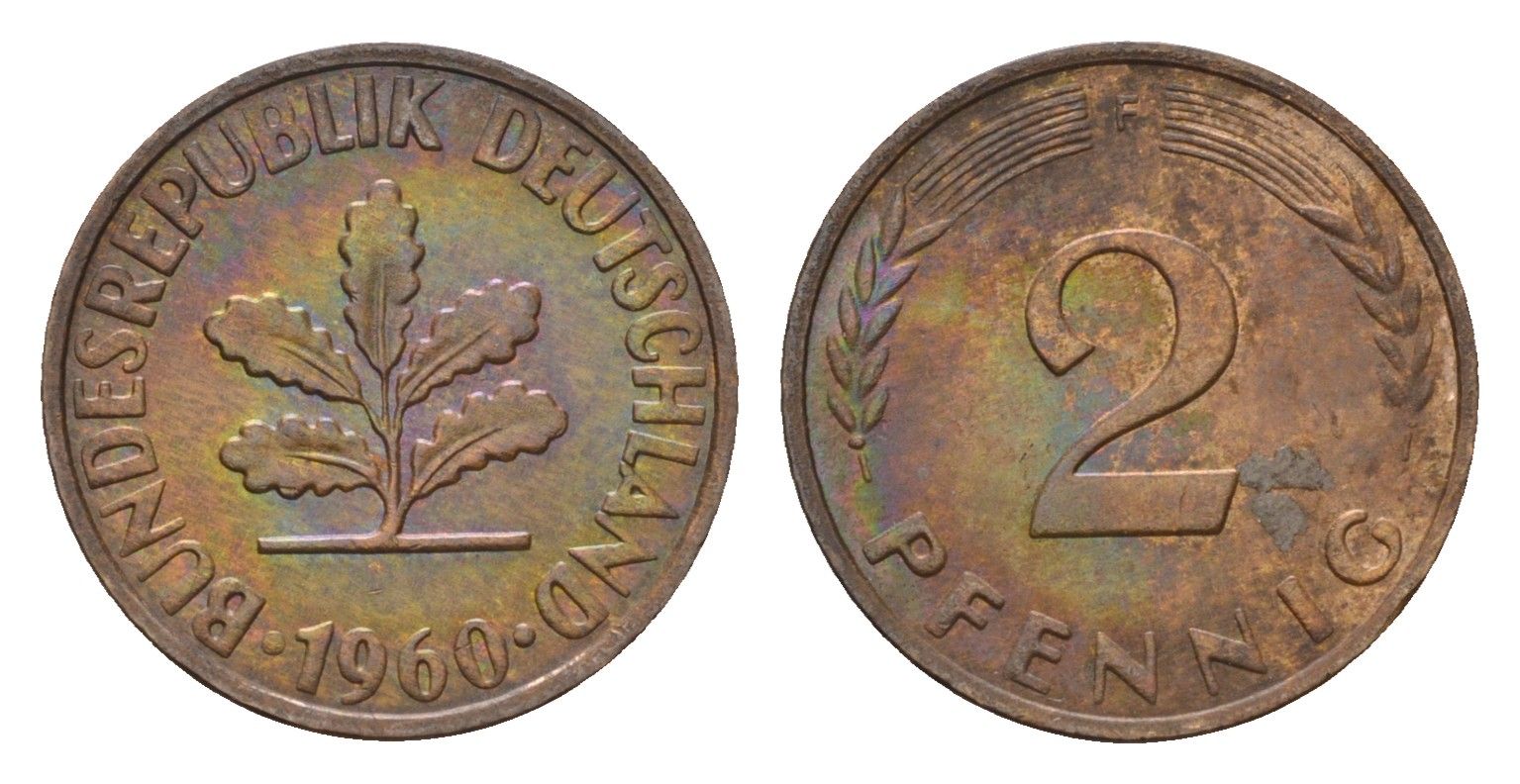 ФРГ 2 пфеннига 1960 F KM 106, J. 381 бронза 100-723