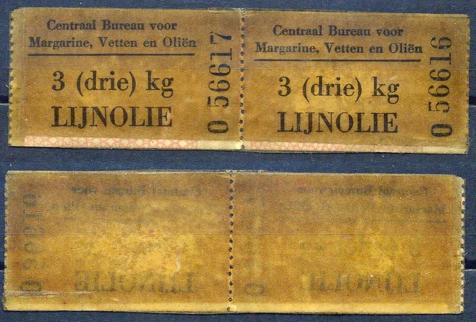 Нидерланды, центральный офис по маргарину, жирам и маслам 2 талона на выдачу 3 кг льняного масла бумага 6285-4-2-2