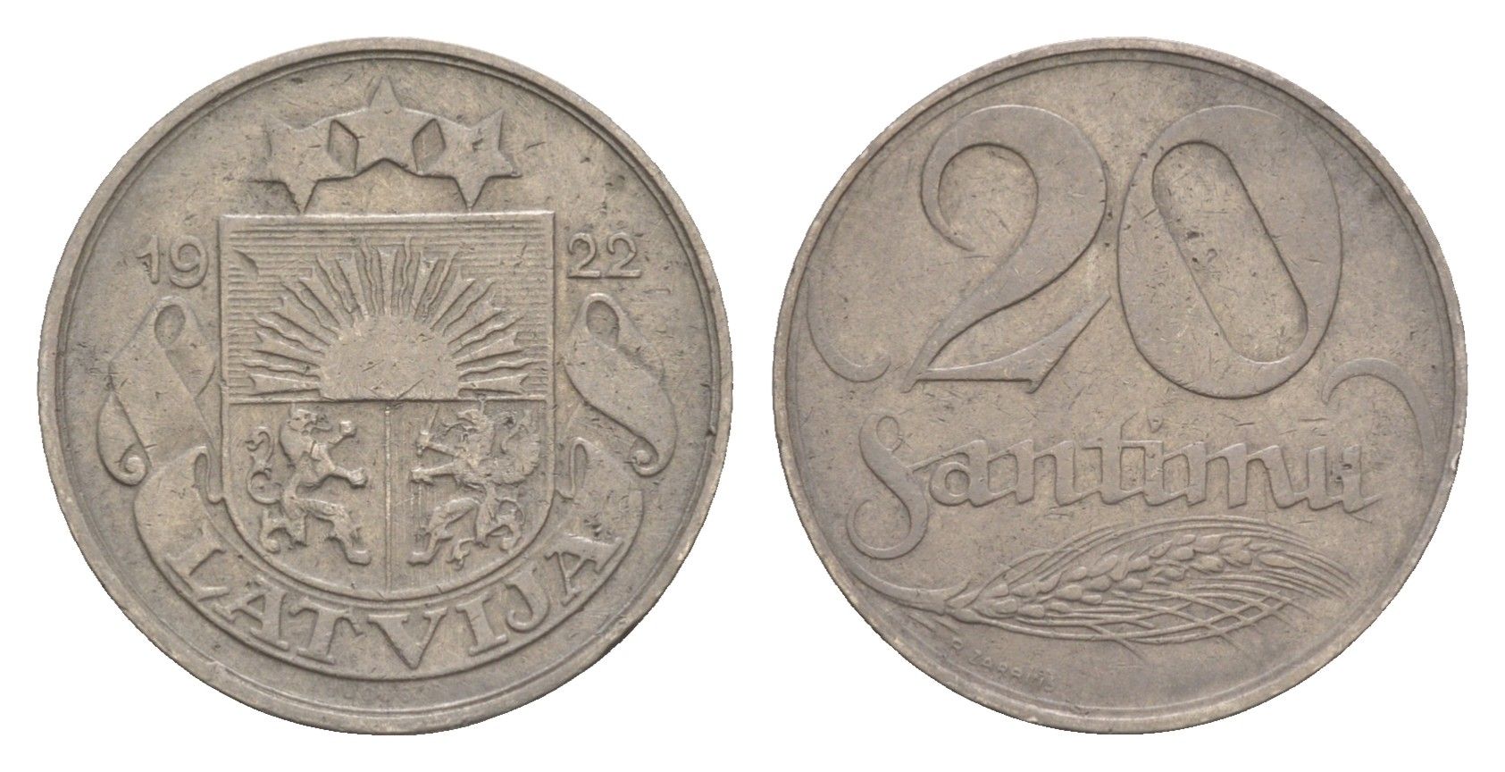 Латвия 20 сантимов 1922 год-тип KM 5 никель 4658-1254