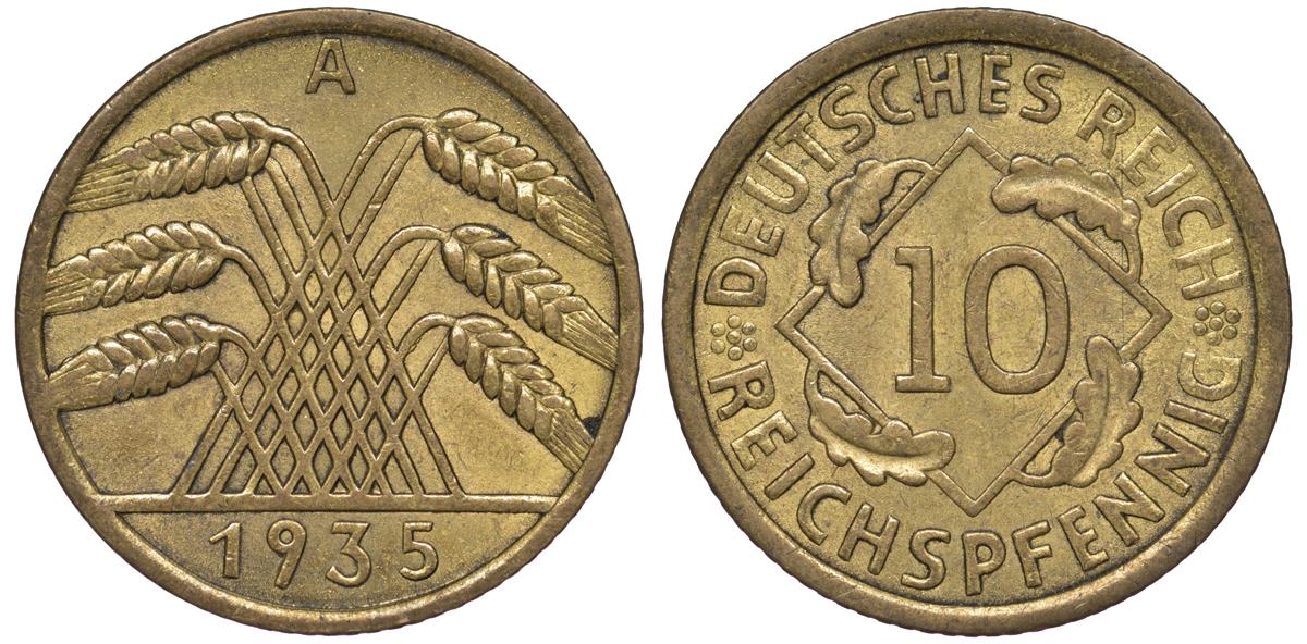 Германия 10 рейхспфеннигов 1935 A KM 40, J. 317 алюминиевая бронза 4605-124