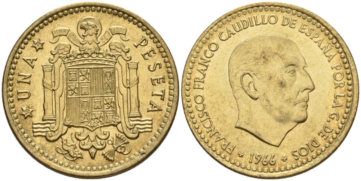 Испания 1 песета 1966 (72) Франсиско Франко (1939-1975) KM 796 алюминиевая бронза 4604-151