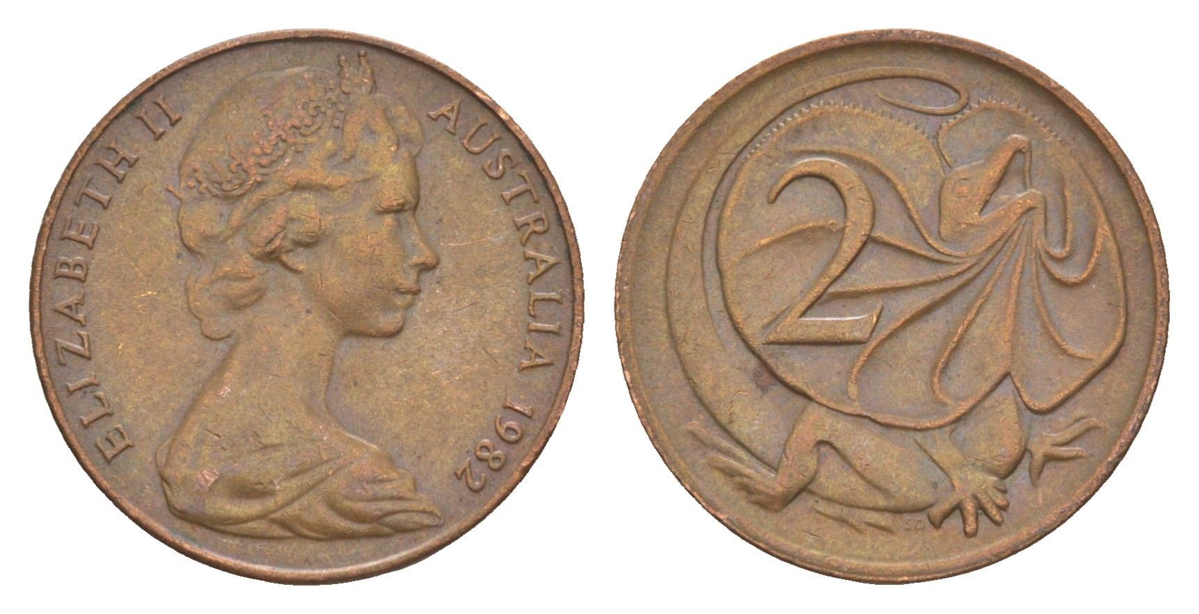 Австралия 2 цента 1982 Елизавета II (1952-2022), плащеносная ящерица KM 63 бронза 4580-1137