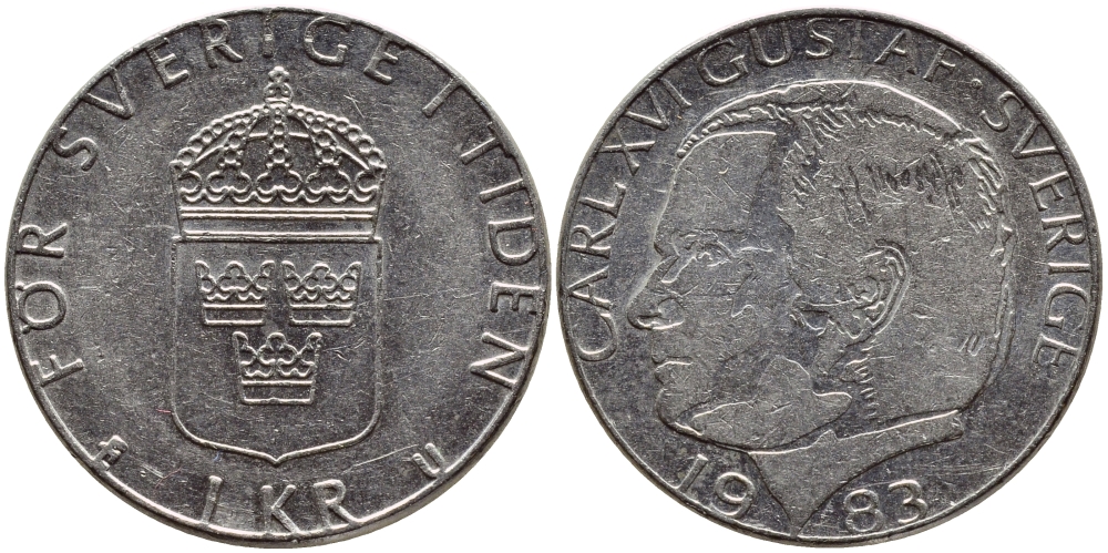 Швеция 1 крона 1983 Карл XVI Густав (1973- ) KM 852a медно-никель 4397-1125