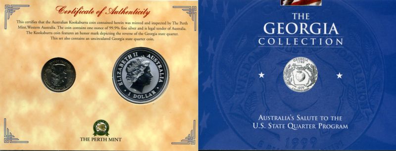Австралия 1 доллар 1999 (серебро) с памятной маркировкой и США 25 центов 1999 штат Джорджия в красочном буклете 4-5-1-3