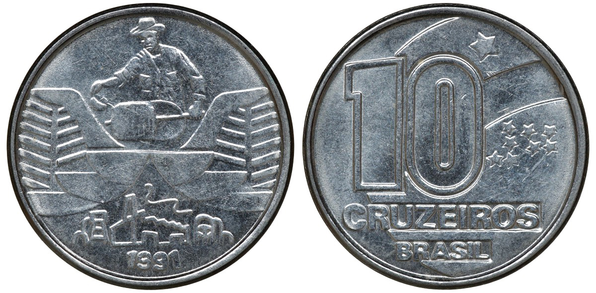 БРАЗИЛИЯ 10 КРУЗЕЙРО 1991 KM 618.2 сталь aUNC 72-1547