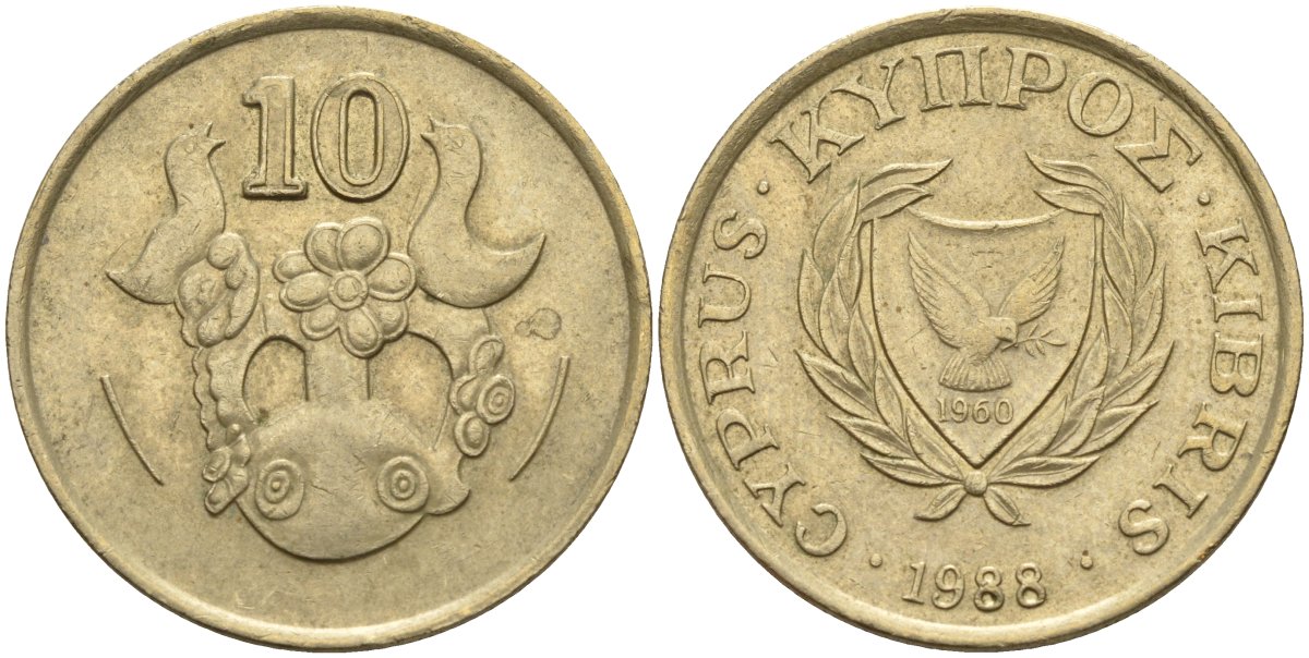 Кипр 10 центов 1988 KM 56.2 никель латунь 4141-1146