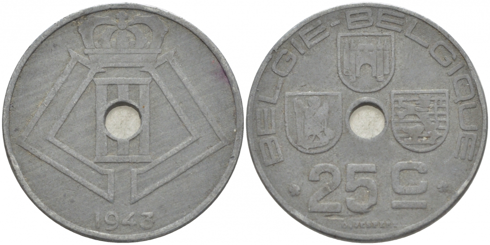 БЕЛЬГИЯ 25 САНТИМОВ 1943 BELGIE-BELGIQUE, ГЕРМАНСКАЯ ОККУПАЦИЯ, ВТОРАЯ МИРОВАЯ ВОЙНА KM 132 цинк 3996-615