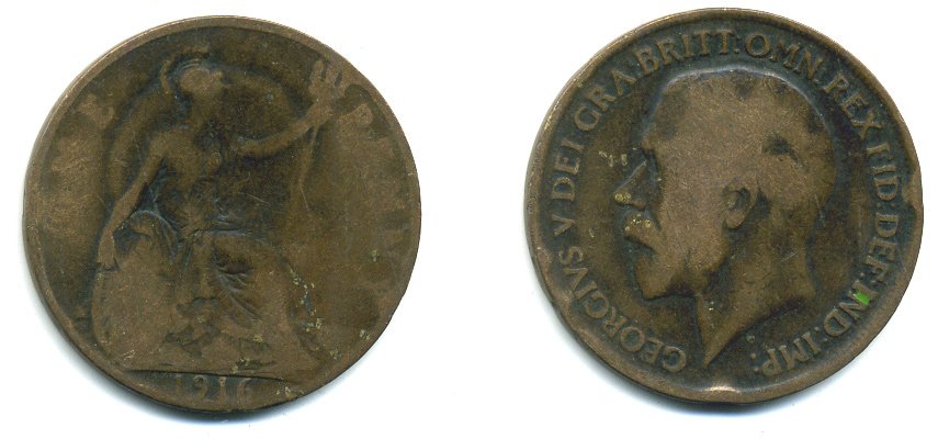 Великобритания 1 пенни 1916 Георг V (1910-1936) КМ 810, Spink 4051 бронза 41-122