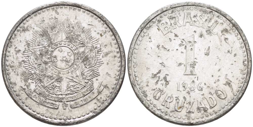 Бразилия 1 крузадо 1986 KM 605 нержавеющая сталь 217-1255