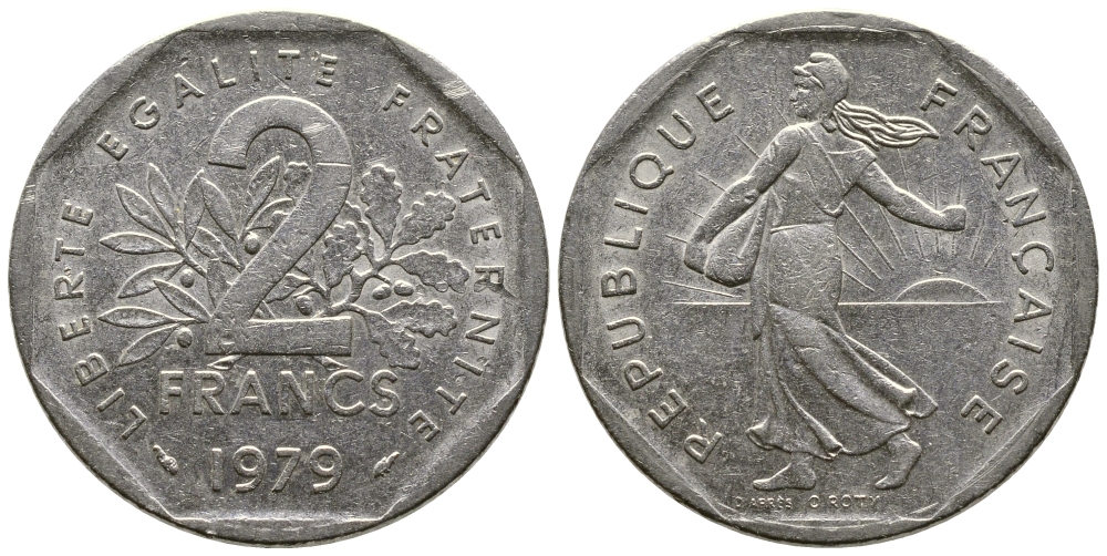ФРАНЦИЯ 2 ФРАНКА 1979 СЕЯТЕЛЬ KM 942.1, LE FRANC 272.3 никель 91-144