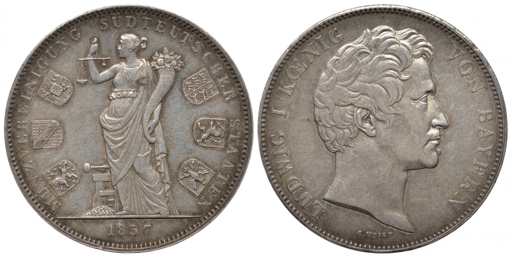 Бавария 2 талера 1837 монетный союз шести южных немецких земель KM 792, AKS 98 b; Dav. 581; Kahnt 102 f; Thun 75 серебро 00-809-16
