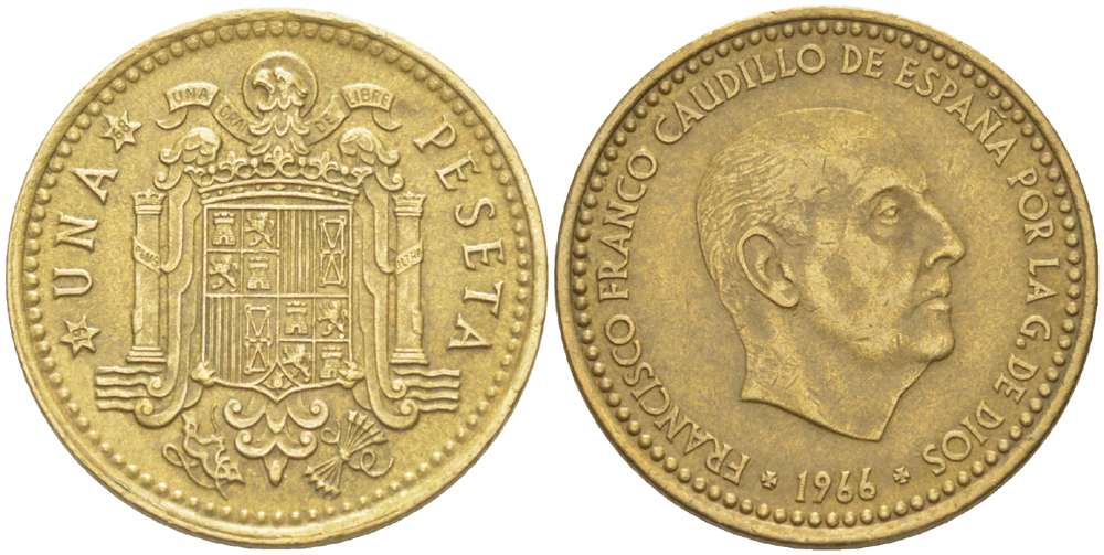 ИСПАНИЯ 1 ПЕСЕТА 1966 (68) ФРАНСИСКО ФРАНКО ДИКТАТОР ИСПАНИИ ( 1939- 1975) KM 796 алюминиевая бронза 216-613