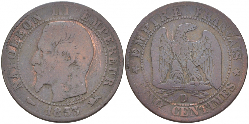 ФРАНЦИЯ 5 САНТИМОВ 1853 D, НАПОЛЕОН III (1852-1870) KM 777.4, LE FRANC 116.4 бронза 4448-1212