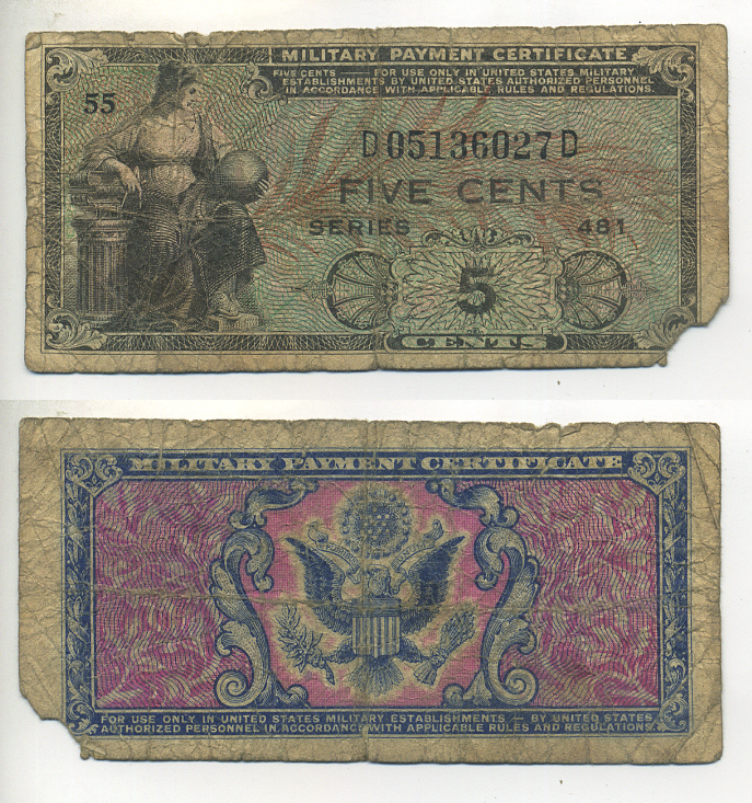 США 5 ЦЕНТОВ 1951 СЕРИЯ 481, ДЛЯ ВООРУЖЕННЫХ СИЛ Pick M22 бумага 7214-15-1-1