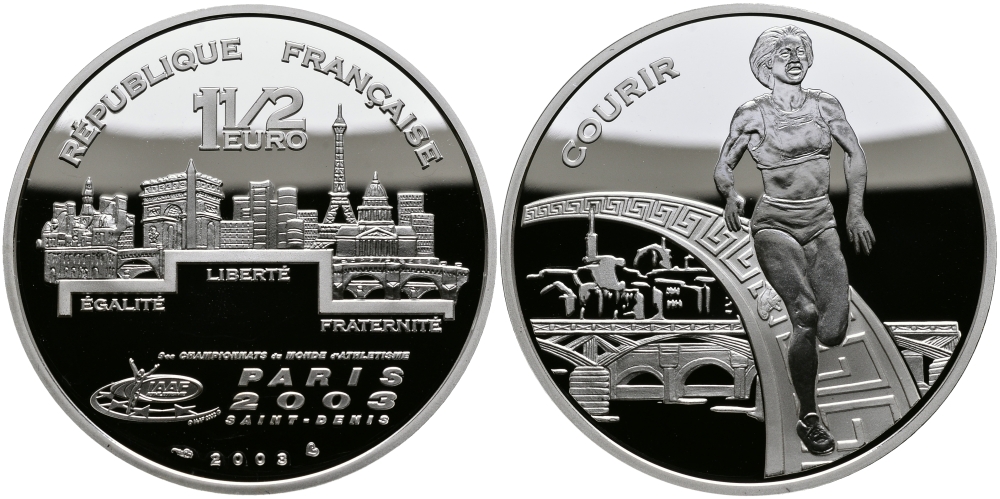 Франция 1 1/2 евро 2003 Чемпионат мира по лёгкой атлетике 2003 года в Сен-Дени, бег KM 1996 серебро PROOF 1095-3-42