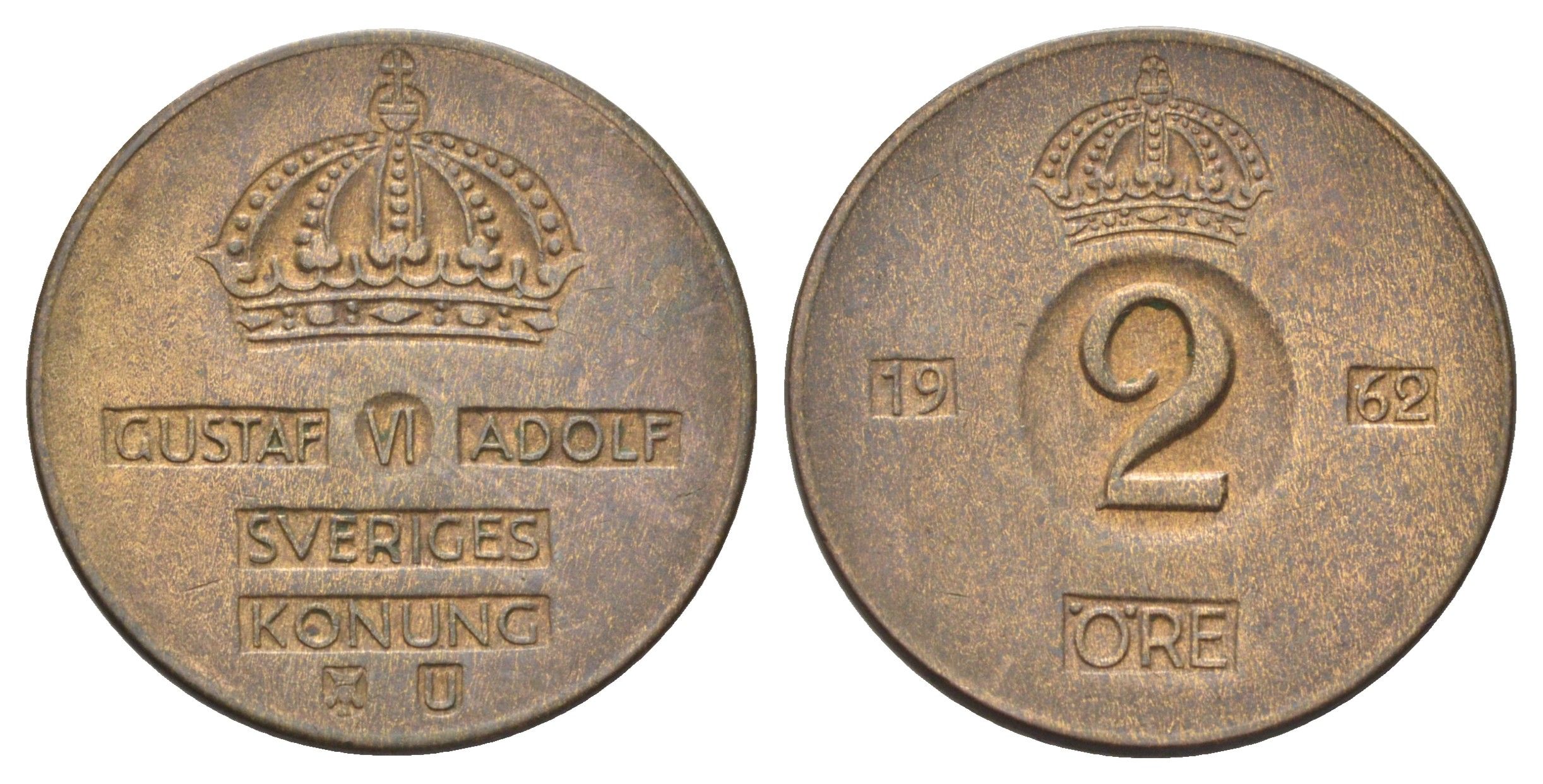 Швеция 2 эре 1962 U, Густав VI Адольф (1950-1973) KM 821 бронза 4701-946