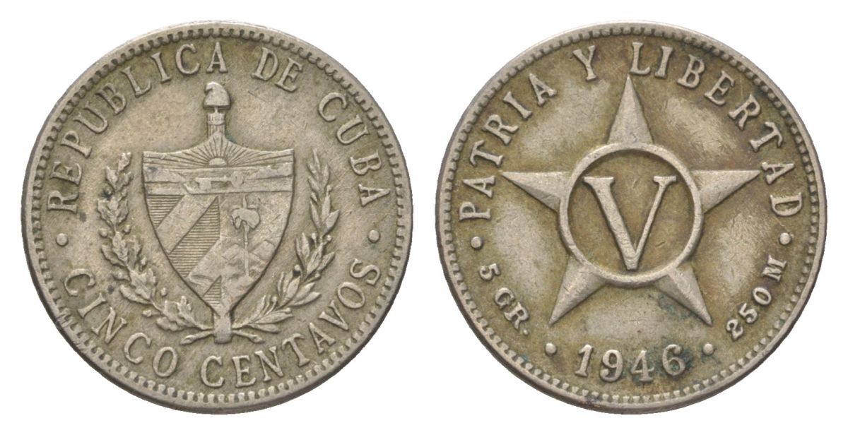 Куба 5 сентаво 1946 звезда, первая Республика (1902-1961) KM 11.3 медно-никель 4623-825