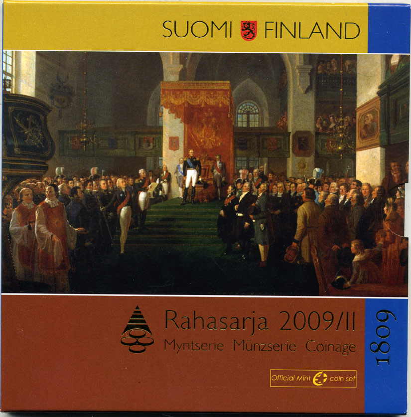 Финляндия евронабор из 8 монет + 2 евро юбилейная 2009 200 лет автономии (1809-2009), официальный набор в оригинальном буклете UNC 5-6-2-28