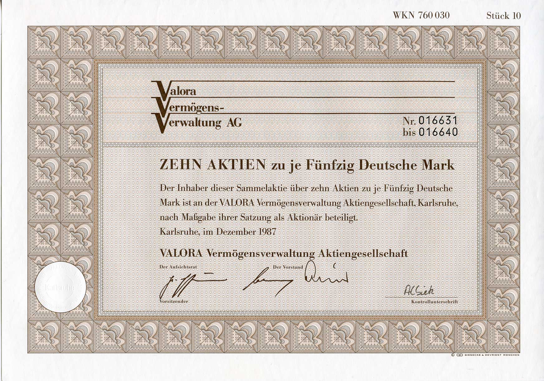 ФРГ 500 марок 1987 Акционерное общество по управлению активами Valora, десять акций   бумага   8803-110-1