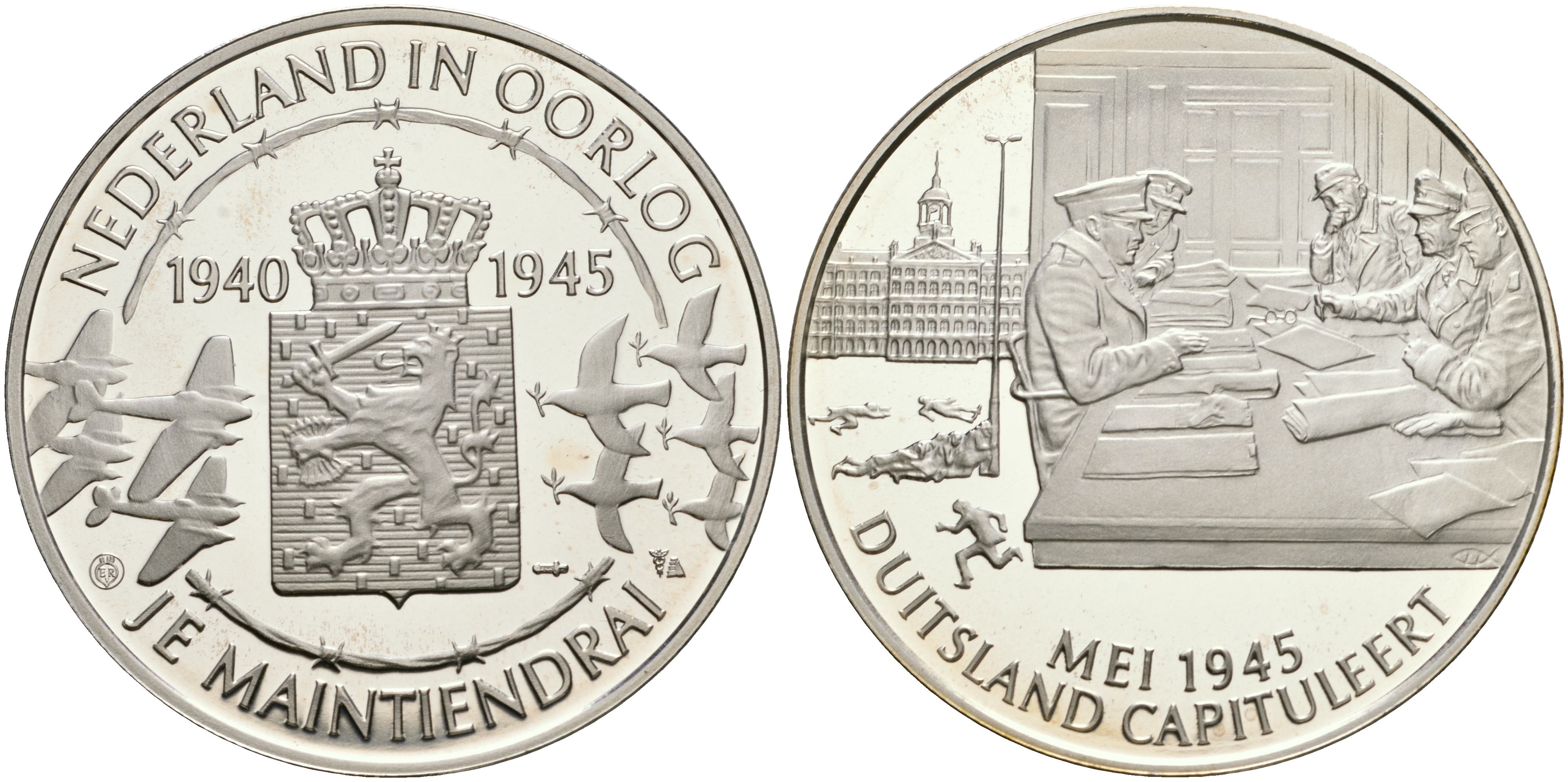 Нидерланды медаль ND Голландия в войне 1940-1945, капитуляция Германии в мае 1945 года, 31,3 гр, 45,0 мм  серебро  PROOF  11-324-41