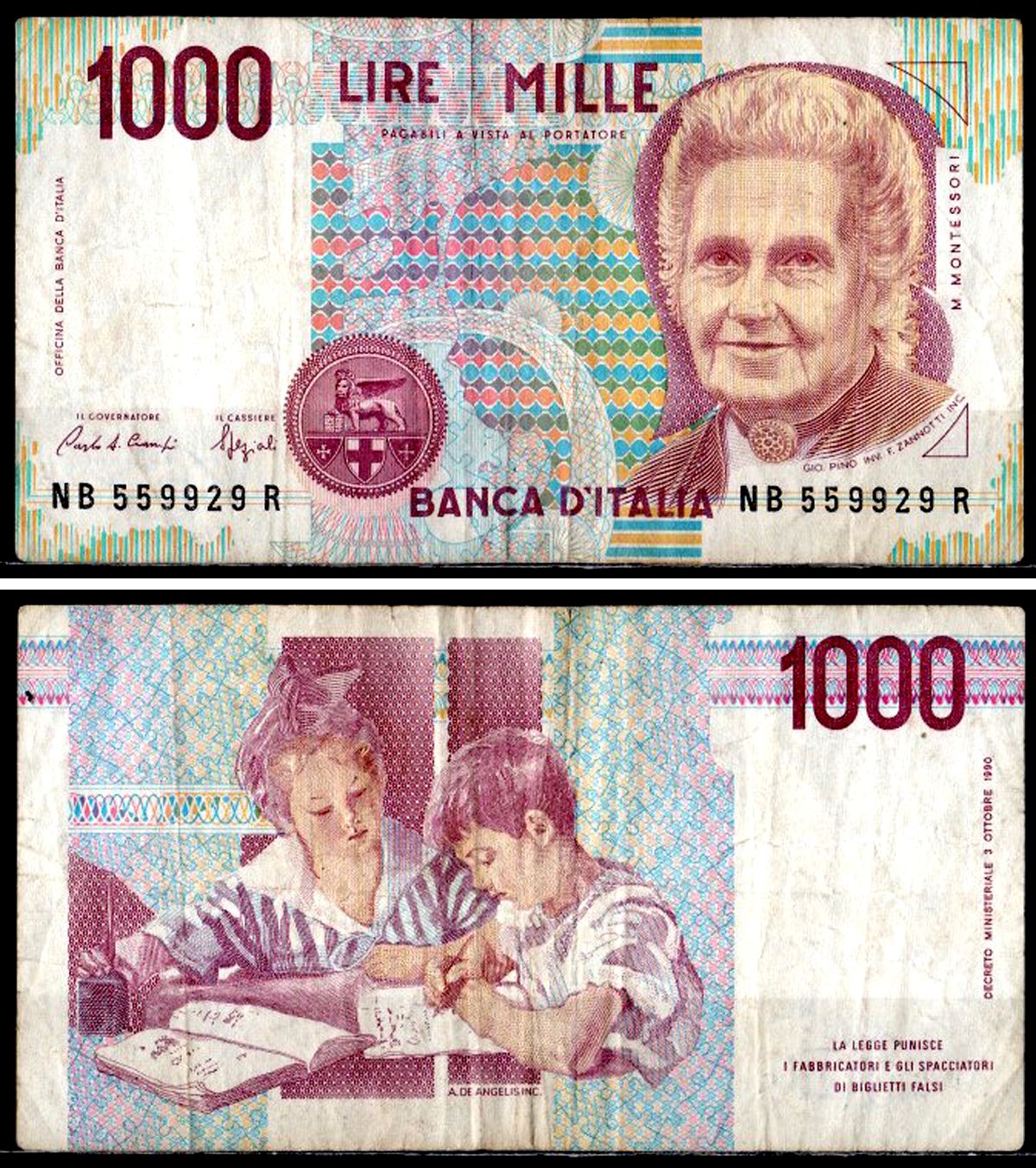 Италия 1000 лир 1990 Pick 114 a бумага 6281-52-2-2