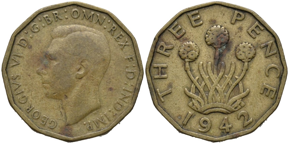 Великобритания 3 пенса 1942 Георг VI (1936-1952) KM 849, Spink 4112 никель латунь 4171-544