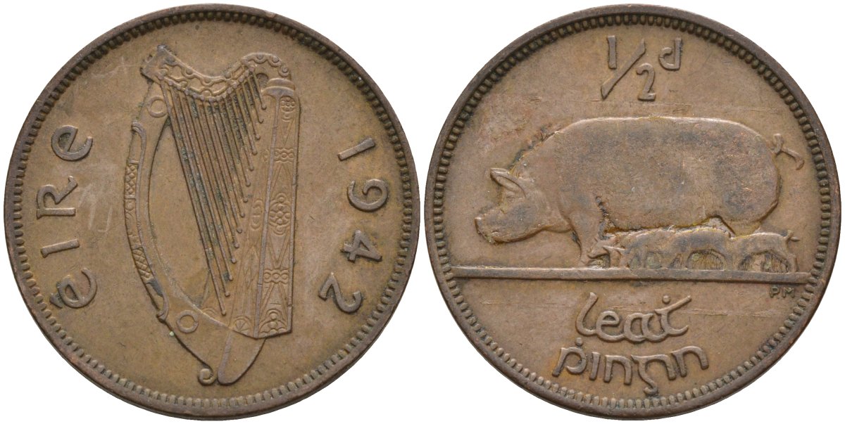 Ирландия 1/2 пенни 1942 свинья с поросятам KM 10 бронза 4132-325