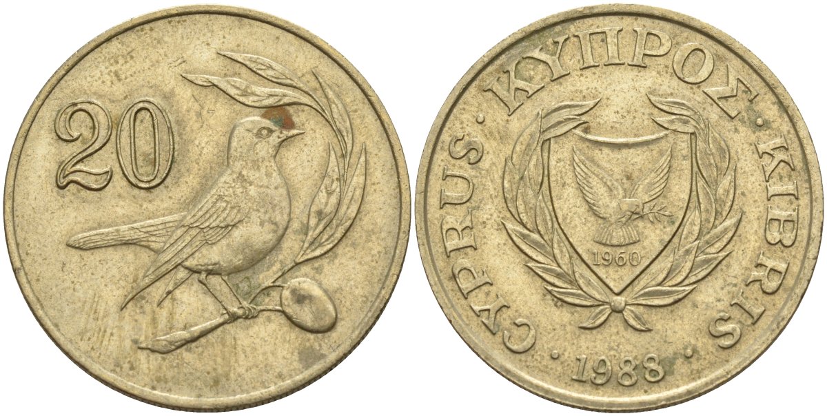 Кипр 20 центов 1988 KM 57.2 никель латунь 4140-741