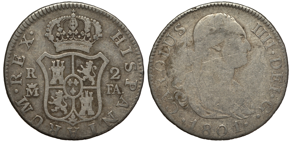 Испания 2 реала 1801 M FA, мондвор (Мадрид), Карлос IIII (1788-1808) KM 430.1 ( C69.1) серебро 650-945