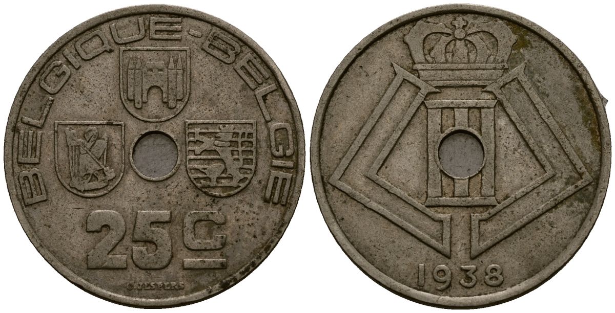 Бельгия 25 сантимов 1938 Belgique - Belgie KM 114 никель латунь 4583-641
