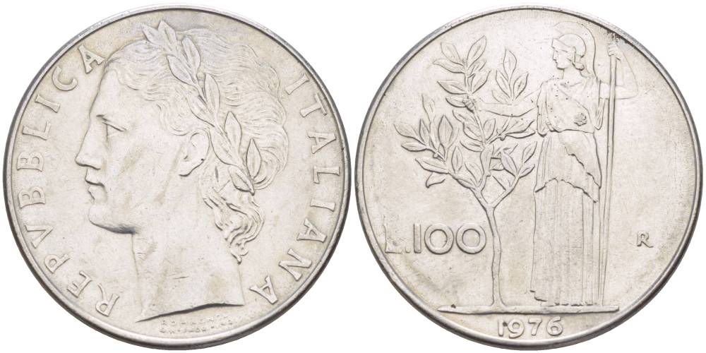 ИТАЛИЯ 100 ЛИР 1976 R, АФИНА У ОЛИВКОВОГО ДЕРЕВА KM 96.1 нержавеющая сталь 4545-713