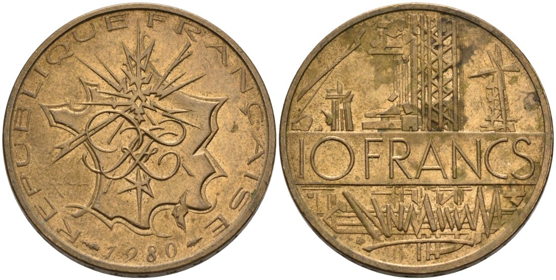 Франция 10 франков 1980 тип Матье KM 940, Le Franc 365.15-16 никель латунь 4572-1134