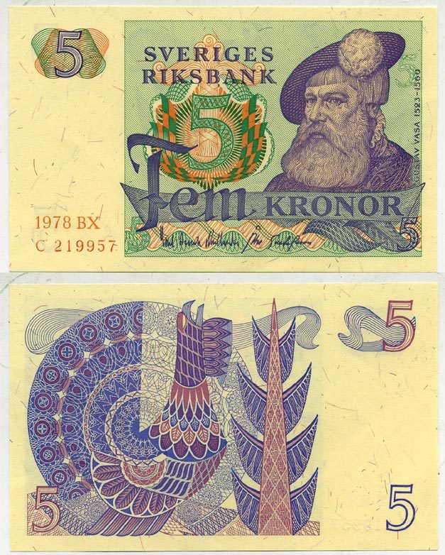 Швеция 5 крон 1978 BX, Густав I Ваза Pick 51d бумага aUNC 444-92-3