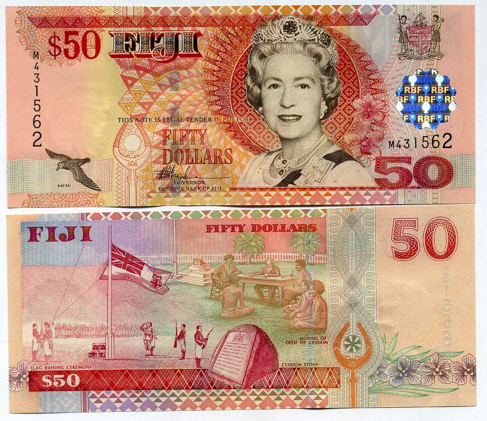 Фиджи 50 долларов ND (2002) Елизавета II (1952-2022), церемония поднятия флага, Акт уступки, уступочный камень Pick 108 бумага UNC (пресс) 451-393-1