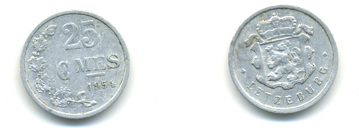 ЛЮКСЕМБУРГ 25 САНТИМОВ 1954 KM 45а.1 алюминий 80-516