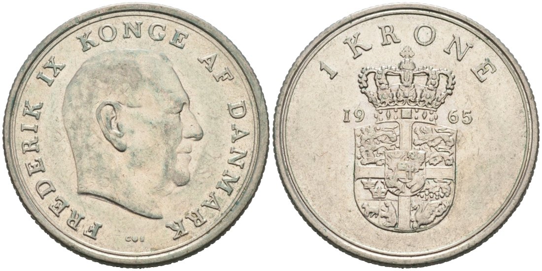 Дания 1 крона 1965 Фредерик IX (1947-1972) KM 851 медно-никель 4571-345