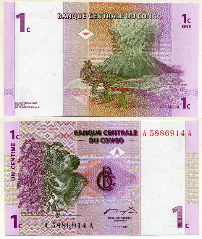 ДР Конго 1 сантим 1997 вулкан, сбор кофе Pick 80 a бумага UNC (пресс) 7217-15-1