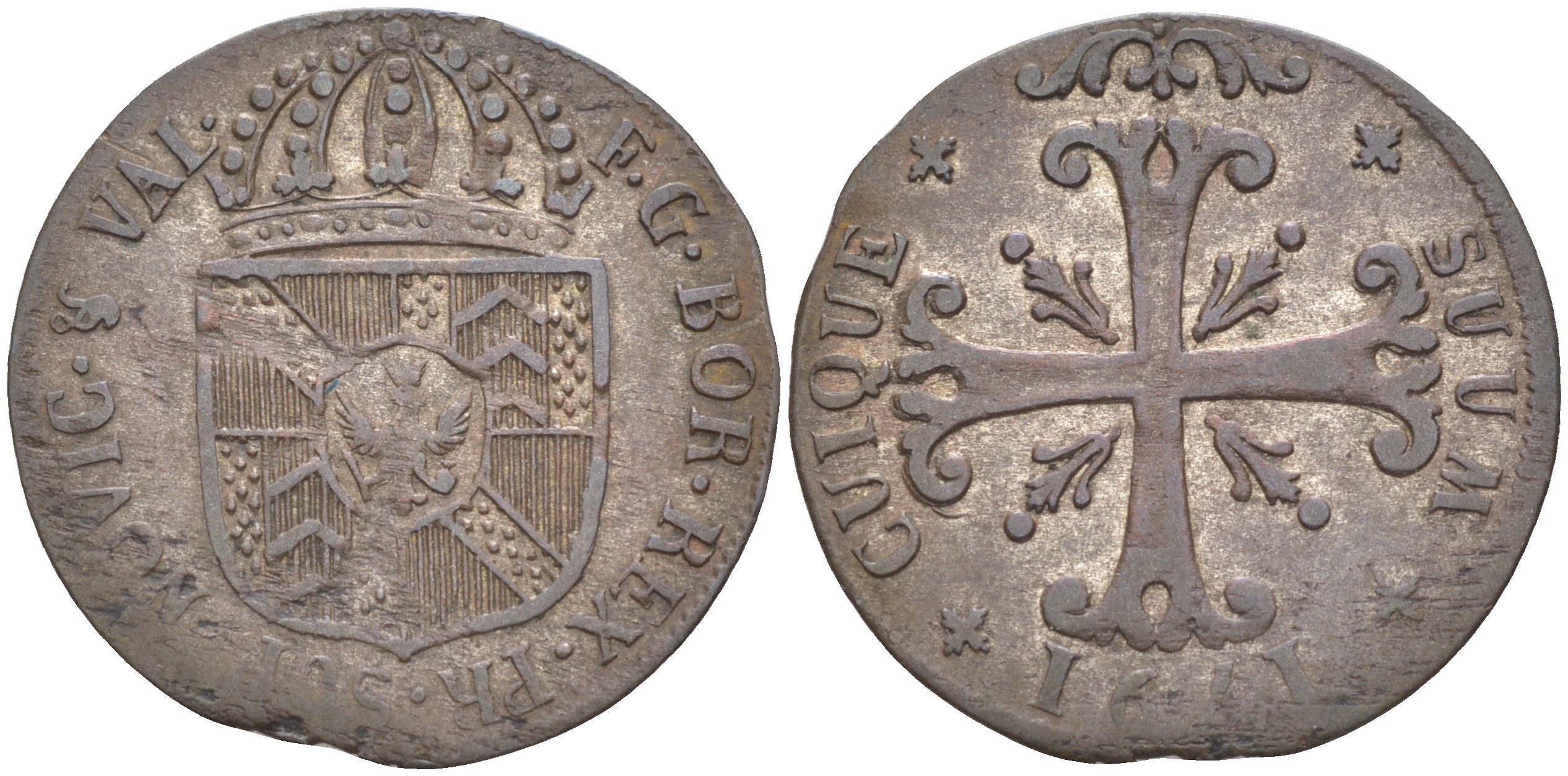 Швейцария 2 крейцера 1791 КАНТОН NEUCHATEL, ПОД ПРУССИЕЙ, ФРИДРИХ ВИЛЬГЕЛЬМ II (1786-1797) Jg 225b биллон 00-00