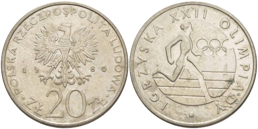 Польша 20 злотых 1980 MW, XXII летние Олимпийские Игры, Москва 1980, бегун KM 108, Parchimowicz 252 медно-никель 4542-1126
