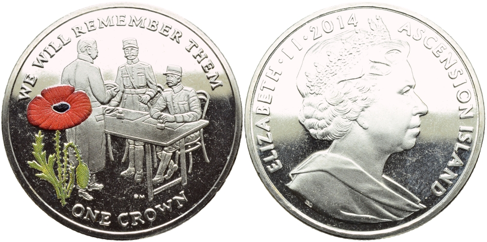 Остров Вознесения 1 крона 2014 в память героев первой мировой войны, допрос, красный мак KM NEW медно-никель, эмаль PROOF 1071-4-54