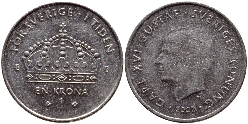 Швеция 1 крона 2002 Карл XVI Густав (1973- ) KM 894 медно-никель 4364-1222