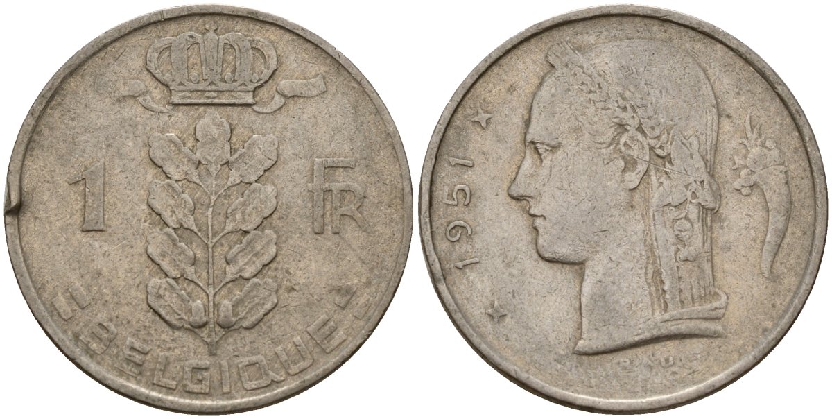 Бельгия 1 франк 1951 Belgique, Бодуэн I (1951-1993) KM 142 медно-никель 4156-617