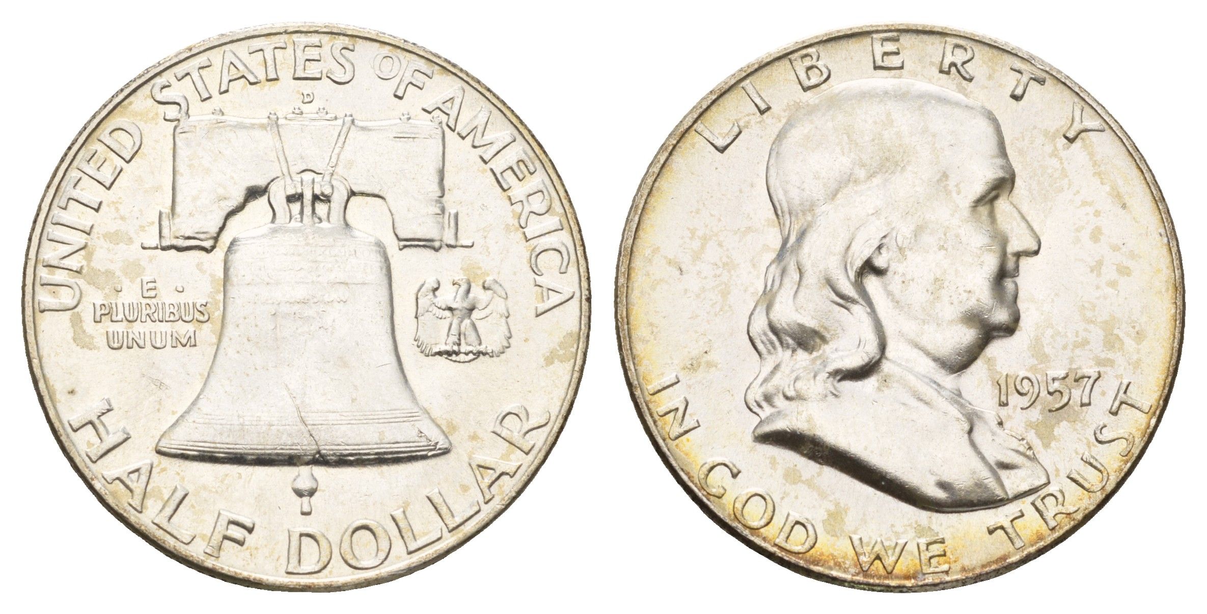 США 1/2 доллара (50 центов) 1957 D, Бенджамин Франклин, колокол KM 199 серебро aUNC 1530-1235